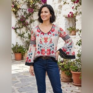 Bisou Bisou Boho Chic Floral Bell Sleeve Blouse - Vibrant  Mirror Print Size S